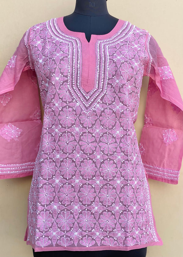 Lucknowi Chikankari Short Kurti Pink Cotton