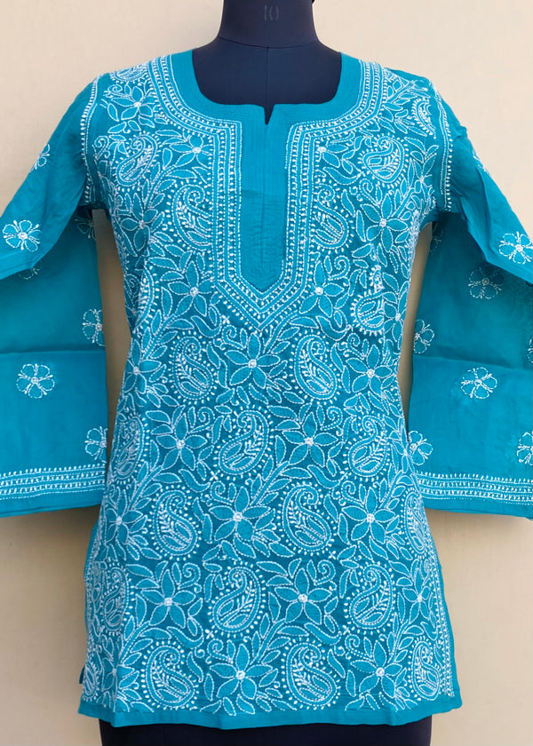 Lucknowi Chikankari Short Kurti Blue Cotton