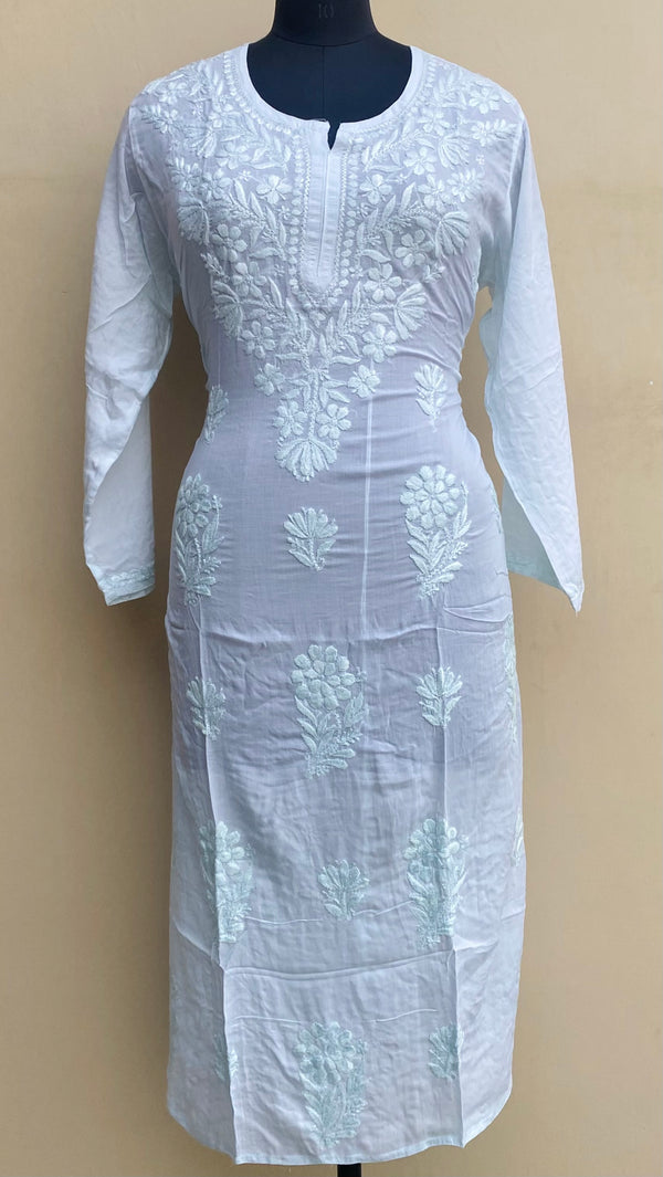 Lucknowi Chikankari Kurti Sea Green Muslin Cotton With Self 3D Work