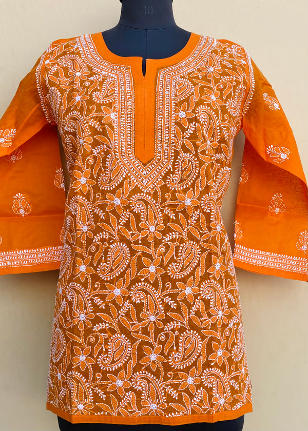 Lucknowi Chikankari Short Kurti Orange Cotton