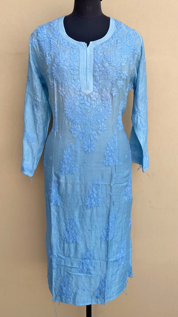 Lucknowi Chikankari Ombre Kurti Blue Muslin Cotton With Self 3D Work
