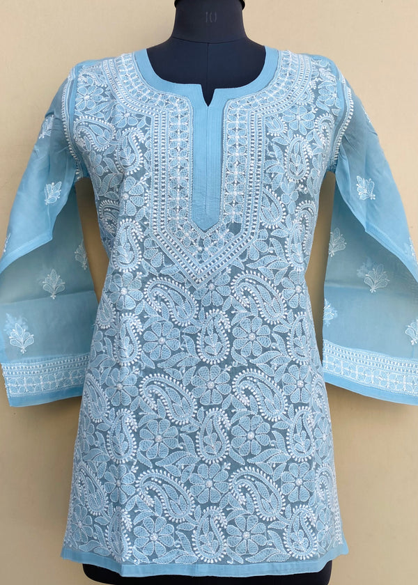 Lucknowi Chikankari Short Kurti Blue Cotton