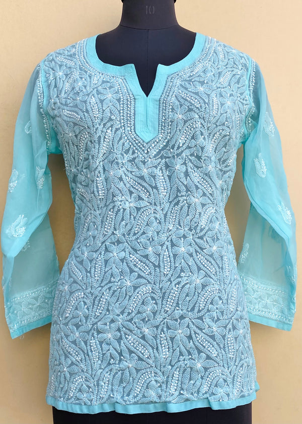 Lucknowi Chikankari Short Kurti Blue Georgette