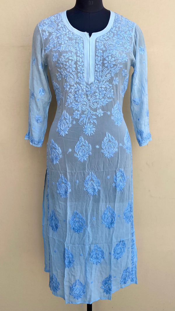 Lucknowi Chikankari Ombre Kurti Powder Blue Pure Georgette With Self 3D Work