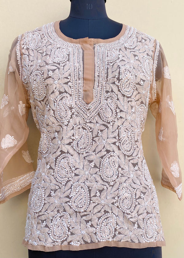 Lucknowi Chikankari Short Kurti Brown Georgette