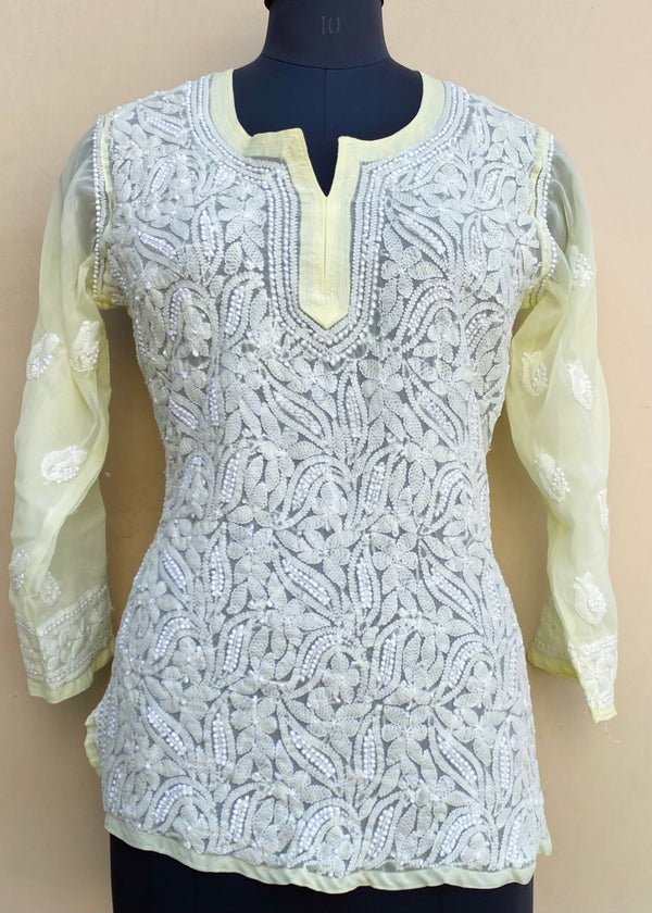 Lucknowi Chikankari Short Kurti Lemon Yellow Georgette