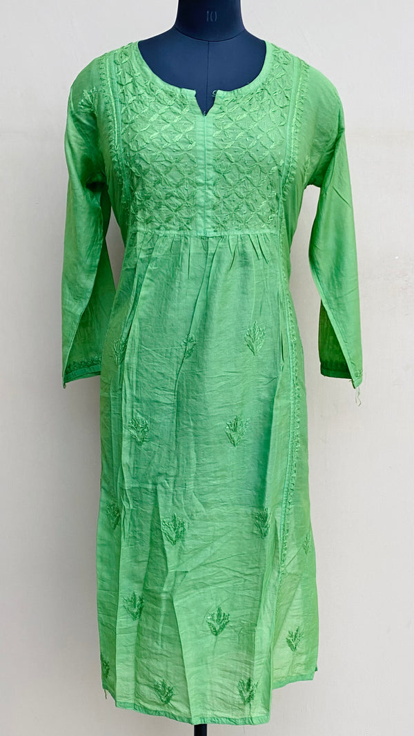 Lucknowi Chikankari Kurti Green Mal Chanderi With Self 3D Work