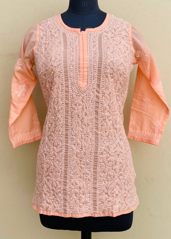 Lucknowi Chikankari Short Kurti Peach Mulmul Cotton