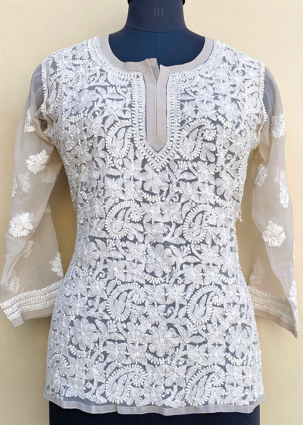 Lucknowi Chikankari Short Kurti Gray Georgette