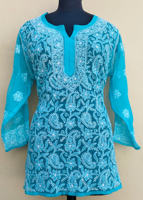 Lucknowi Chikankari Short Kurti Blue Georgette