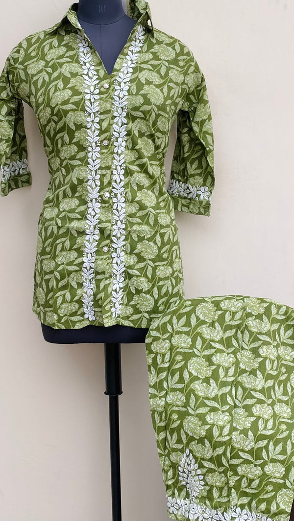 Lucknowi Chikankari Printed Co-ord Set Green Linen