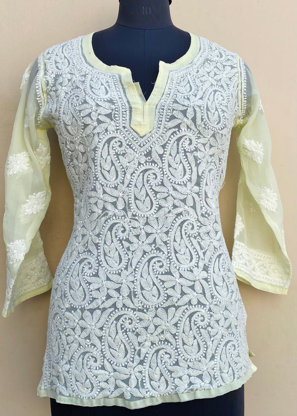 Lucknowi Chikankari Short Kurti Lemon Yellow Georgette