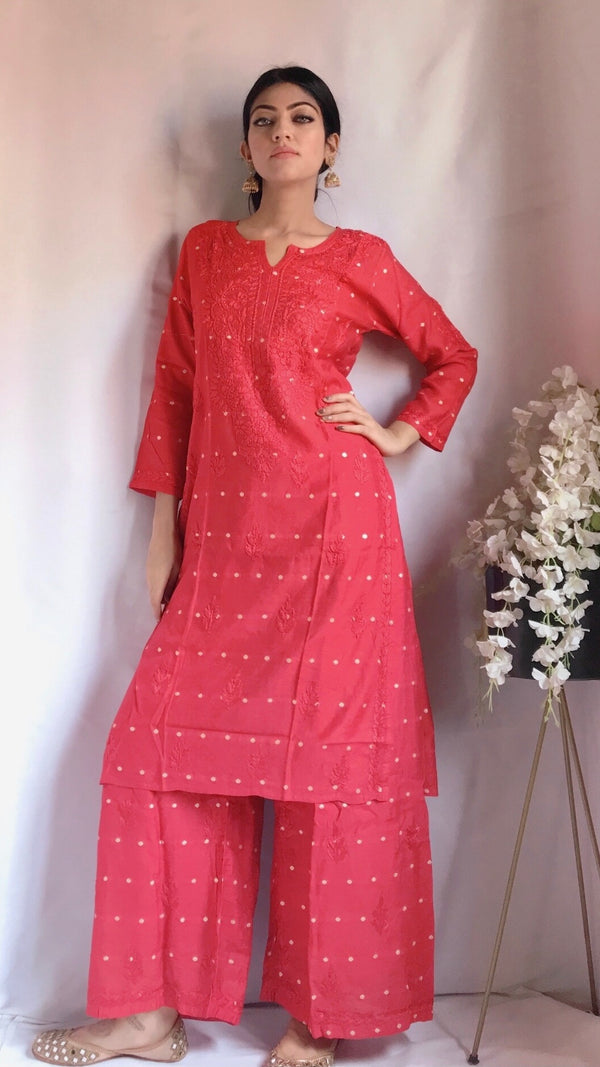 Lucknowi Chikankari Co-ord Set Gajri Soft Mal Chanderi