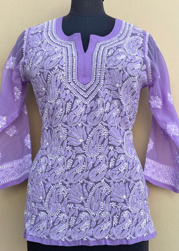 Lucknowi Chikankari Short Kurti Purple Georgette