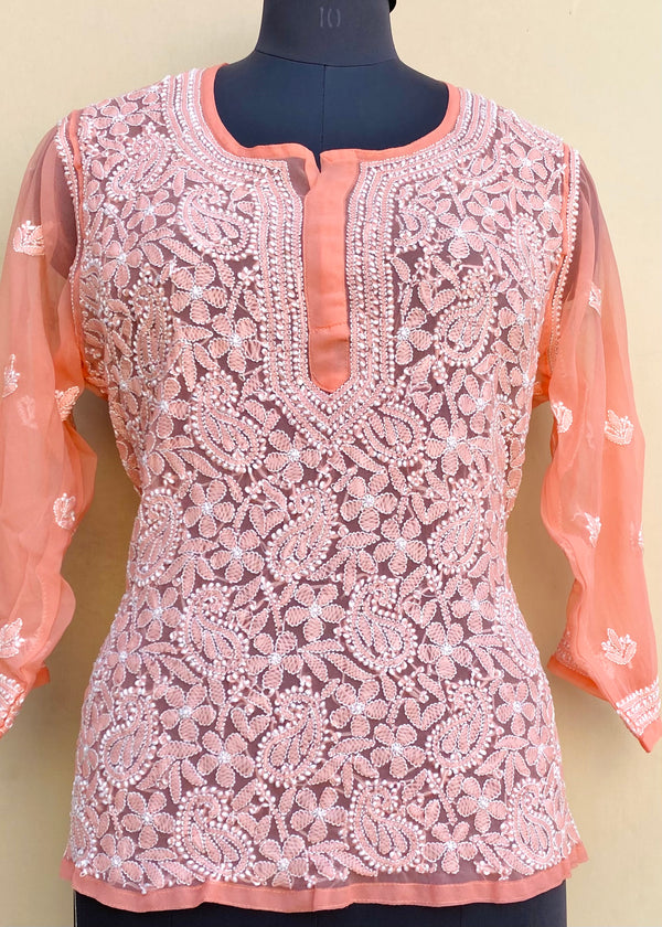 Lucknowi Chikankari Short Kurti Peach Georgette