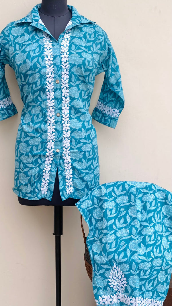 Lucknowi Chikankari Printed Co-ord Set Blue Linen