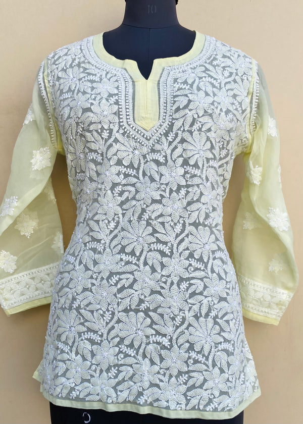 Lucknowi Chikankari Short Kurti Lemon Yellow Georgette