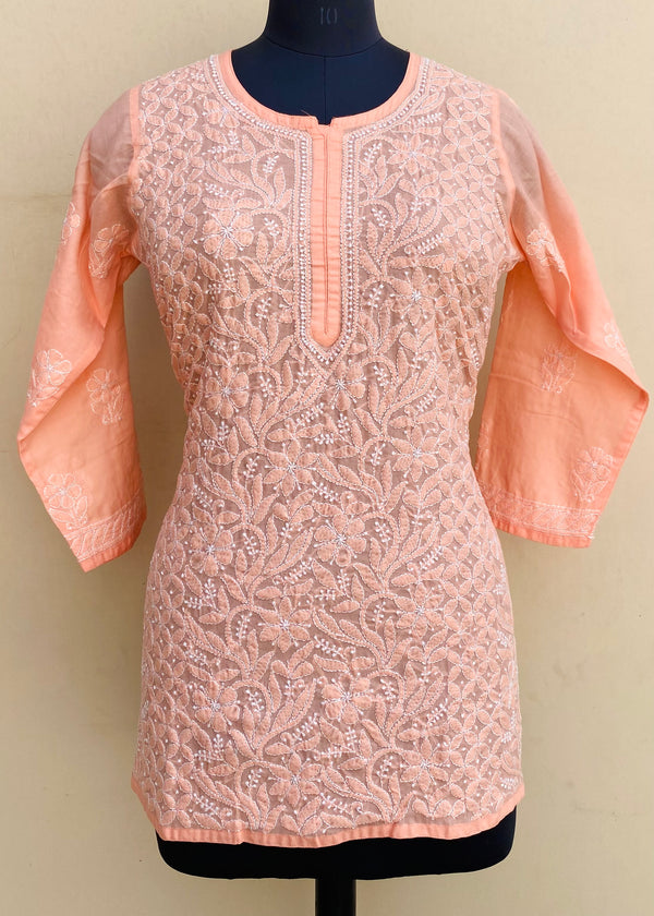 Lucknowi Chikankari Short Kurti Peach Mulmul Cotton