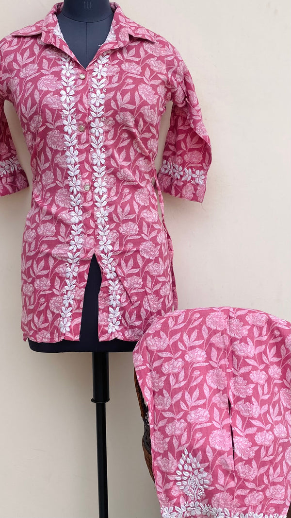 Lucknowi Chikankari Printed Co-ord Set Pink Linen