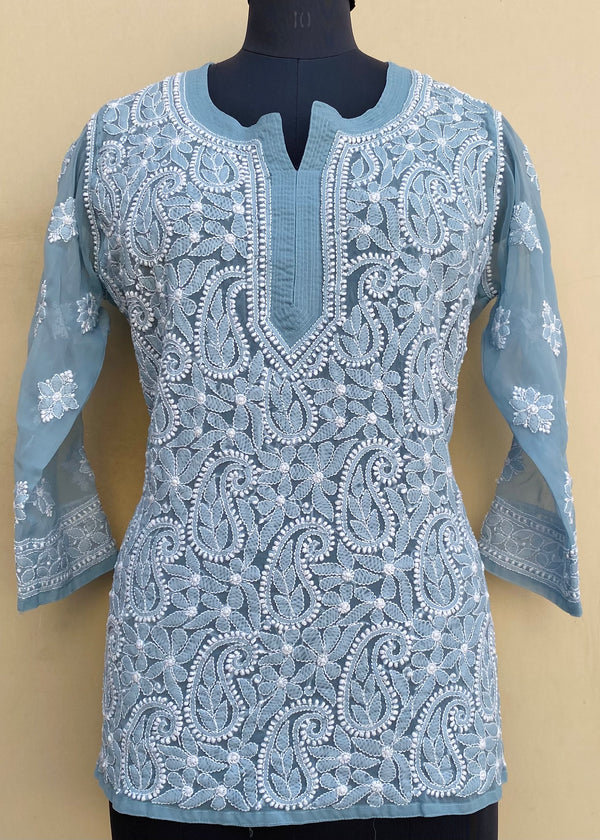 Lucknowi Chikankari Short Kurti Powder Blue Georgette