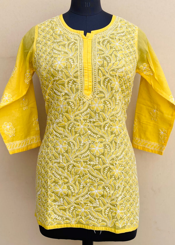 Lucknowi Chikankari Short Kurti Yellow Mulmul Cotton