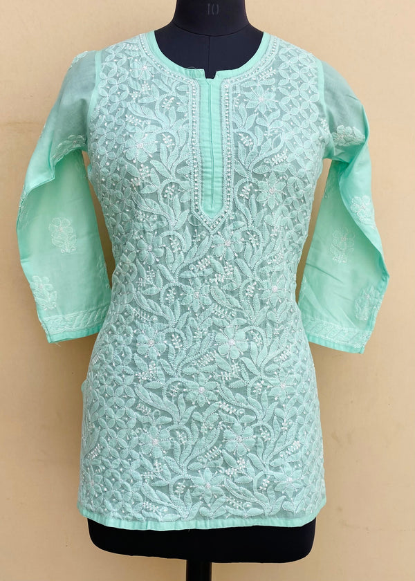 Lucknowi Chikankari Short Kurti Sea Green Mulmul Cotton