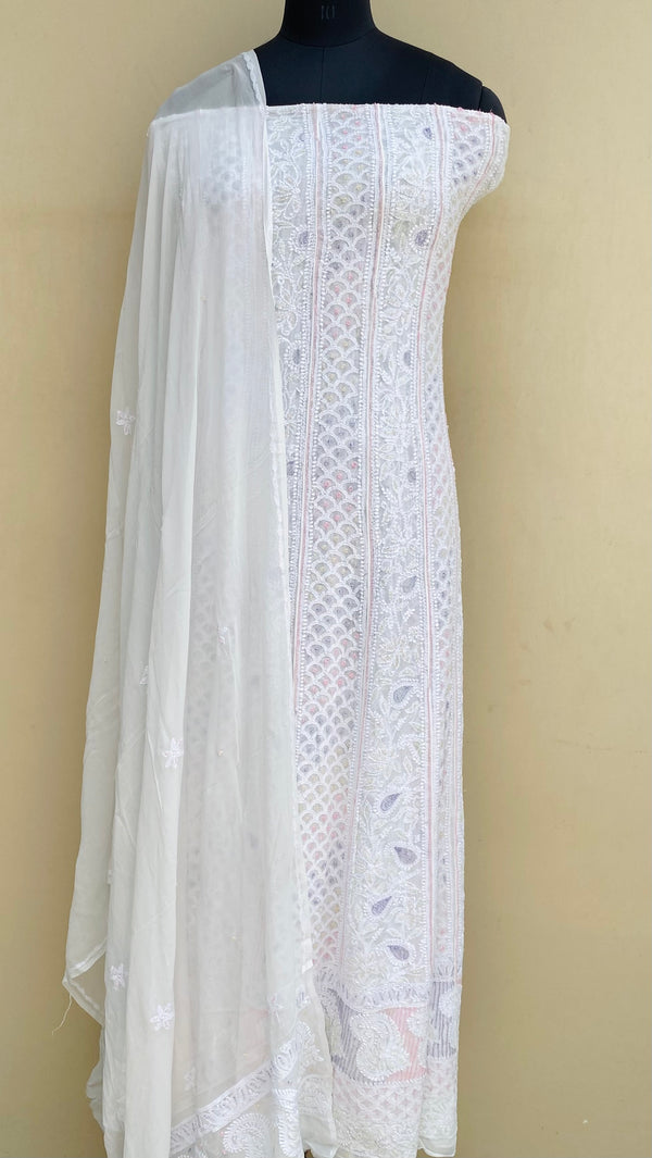 Lucknowi Chikankari Anarkali Suit Length 2 Piece White Pure Georgette With Cutdana Work