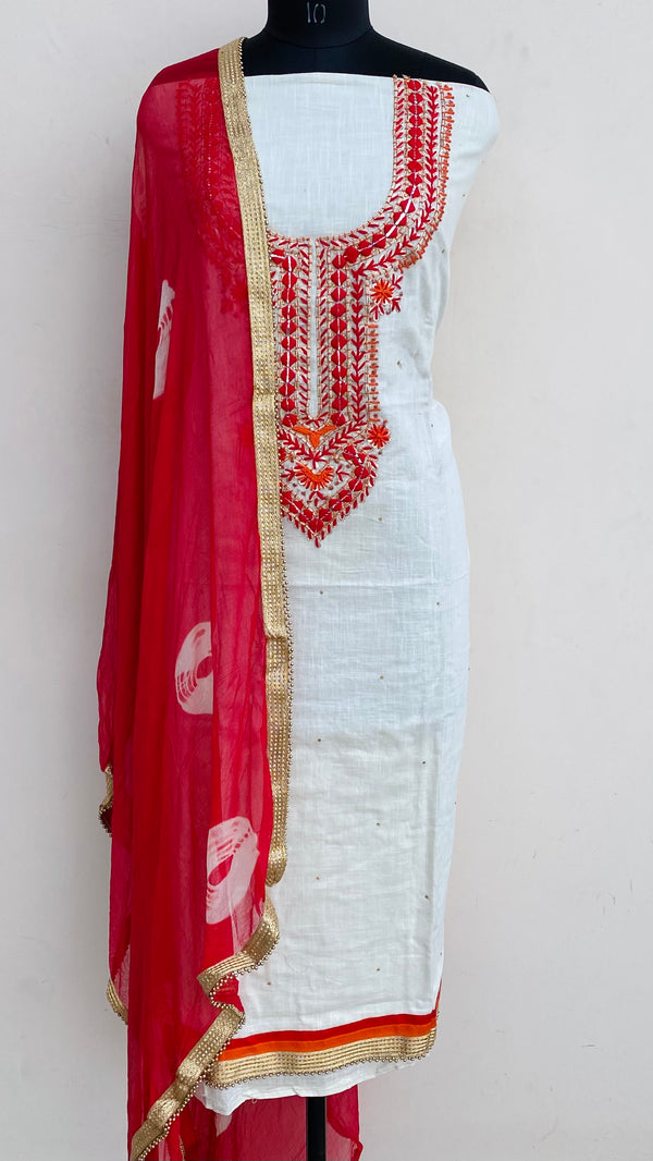 Designer Embroidered Suit Length 3 Piece Cream Mulmul Cotton With Mirror Work