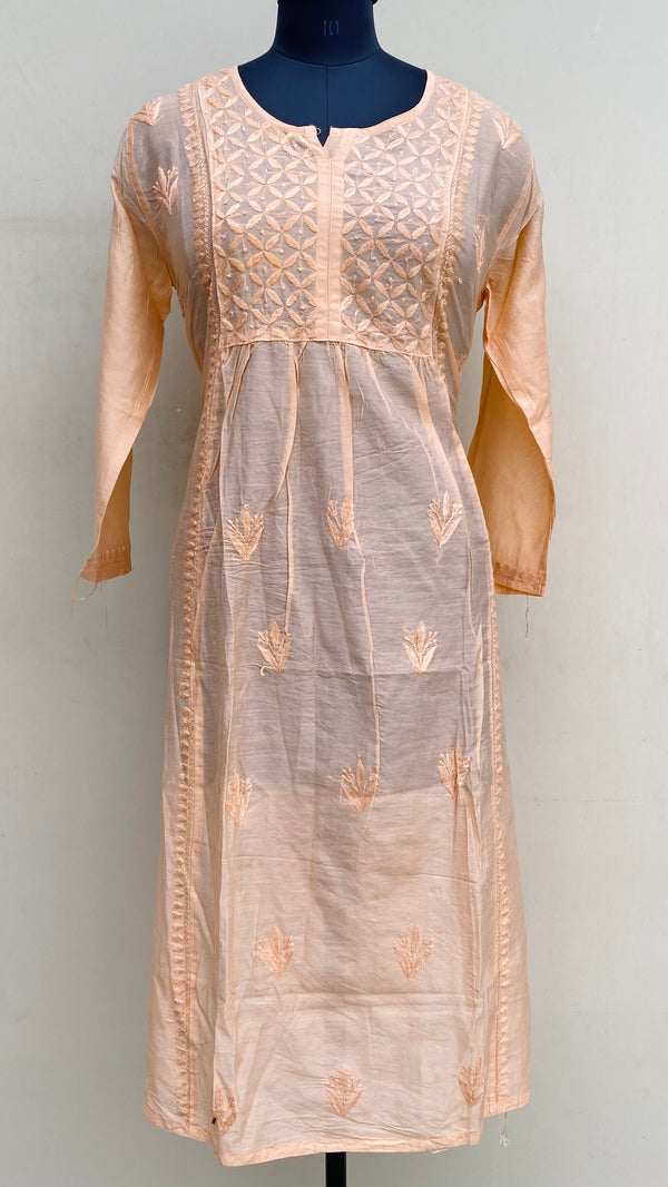 Lucknowi Chikankari  Kurti Peach Mal Chanderi With Self 3D Work