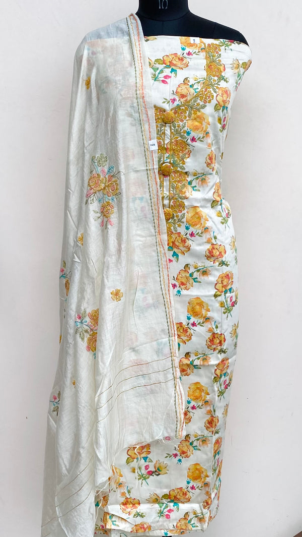 Designer Embroidered Suit Length 3 Piece Cream Mal Cotton With Sequence Work