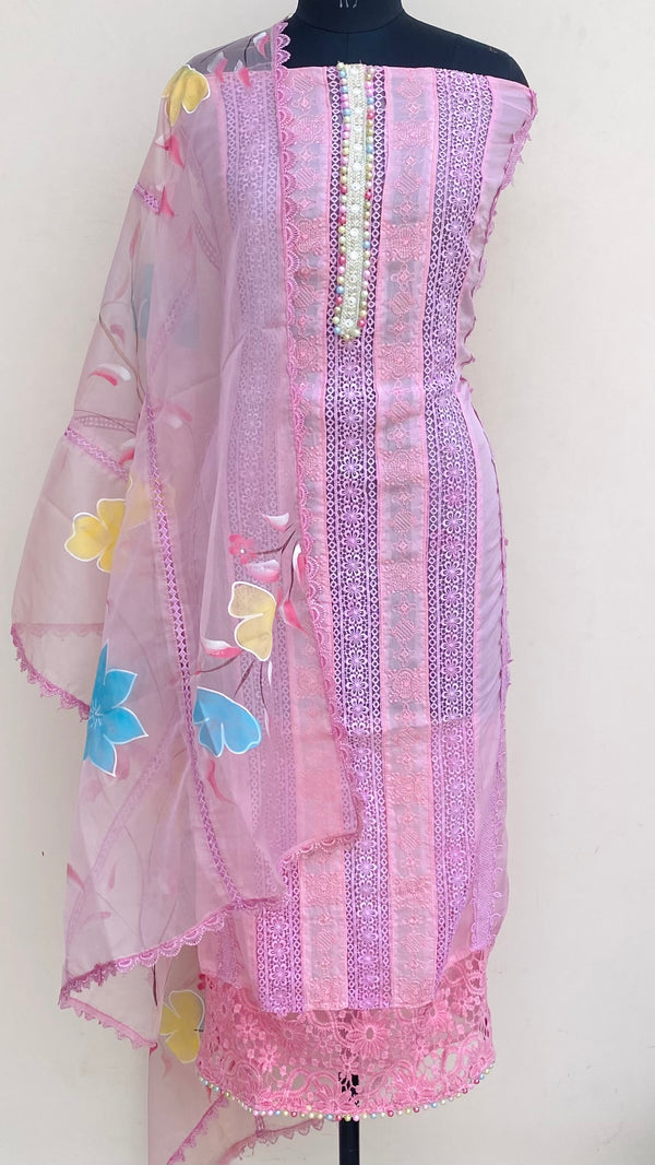 Designer Embroidered Suit Length 3 Piece Pink Organza With Sequence Work