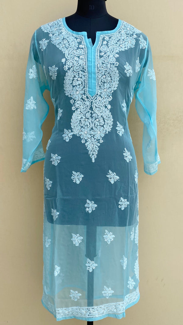 Lucknowi Chikankari Kurti Blue Georgette