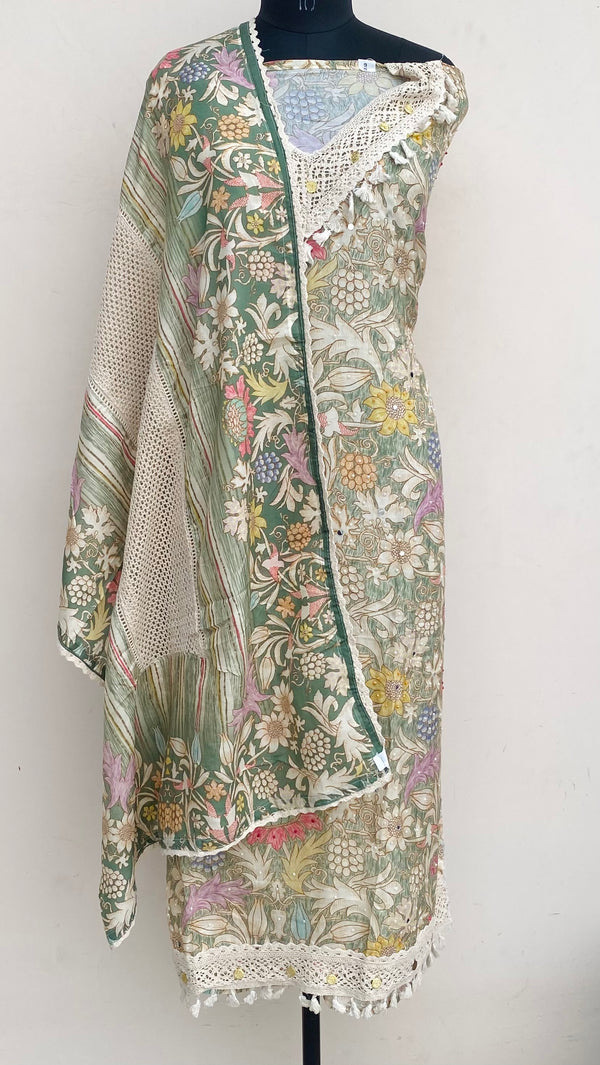 Designer Embroidered Suit Length 3 Piece Green Muslin Cotton With Pearl & Mirror Work