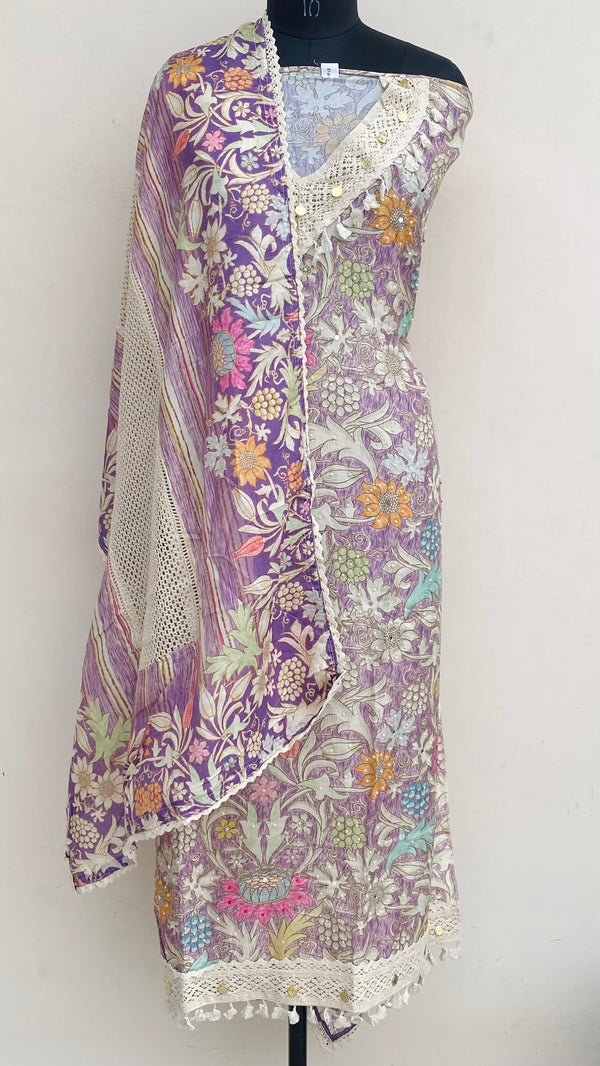 Designer Embroidered Suit Length 3 Piece Purple Muslin Cotton With Pearl & Mirror Work