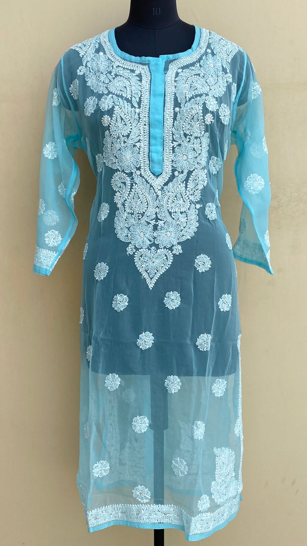 Lucknowi Chikankari Kurti Blue Georgette