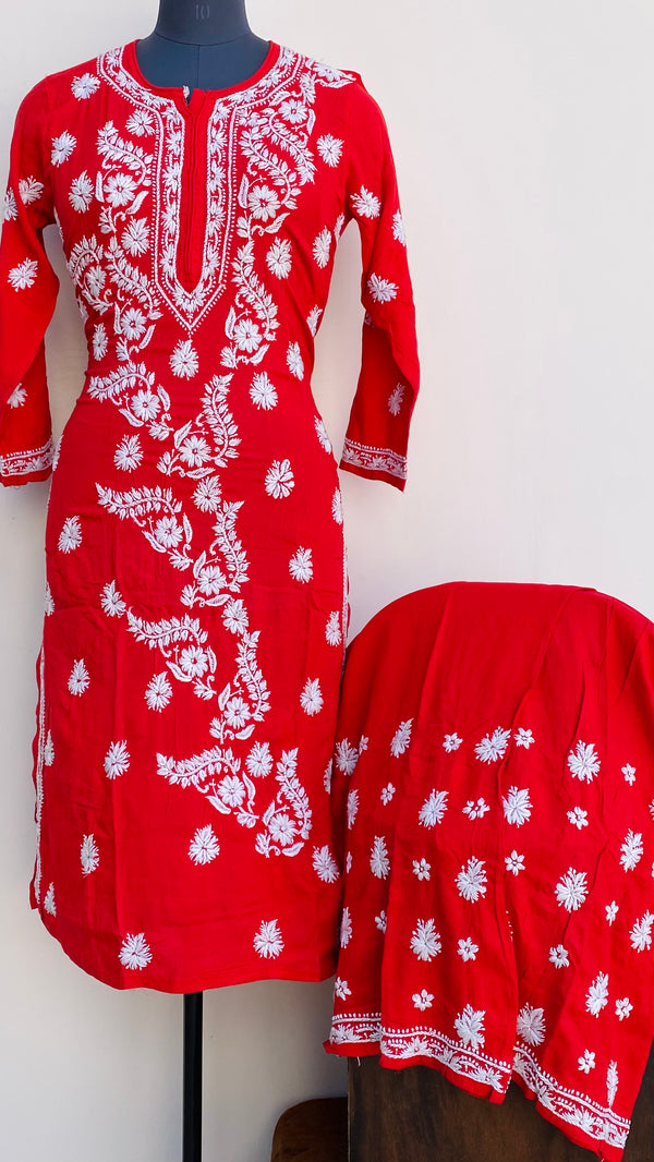 Lucknowi Chikankari Co-ord Set Red Modal Cotton