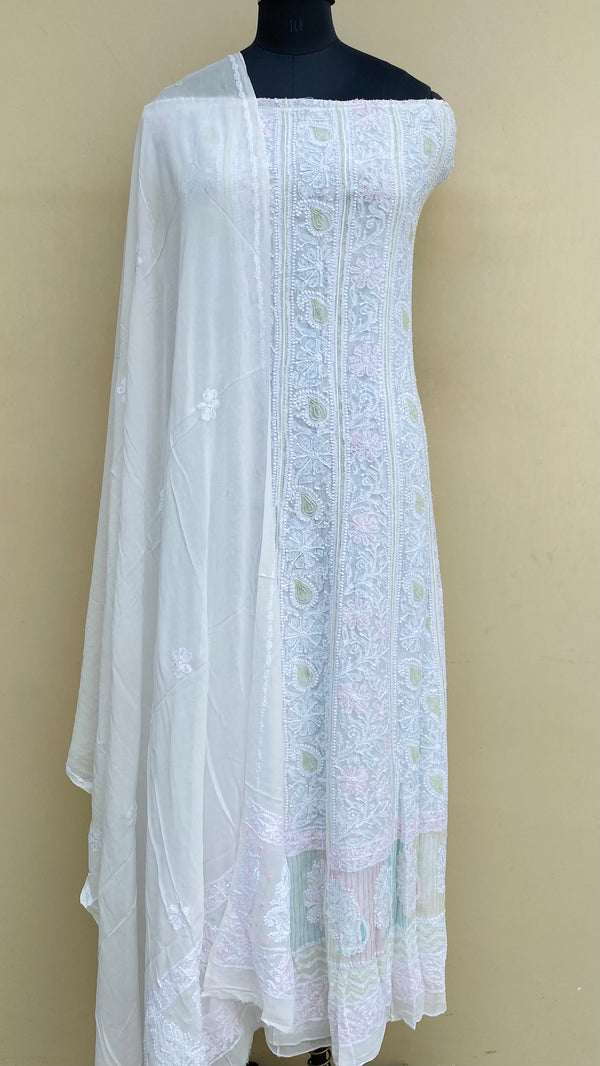 Lucknowi Chikankari Anarkali Suit Length 2 Piece White Pure Georgette Cutdana Work