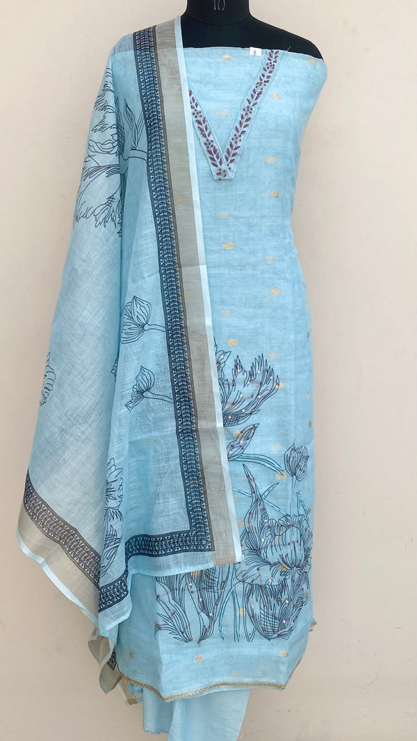 Designer Embroidered Suit Length 3 Piece Blue Linen With Sequence Work