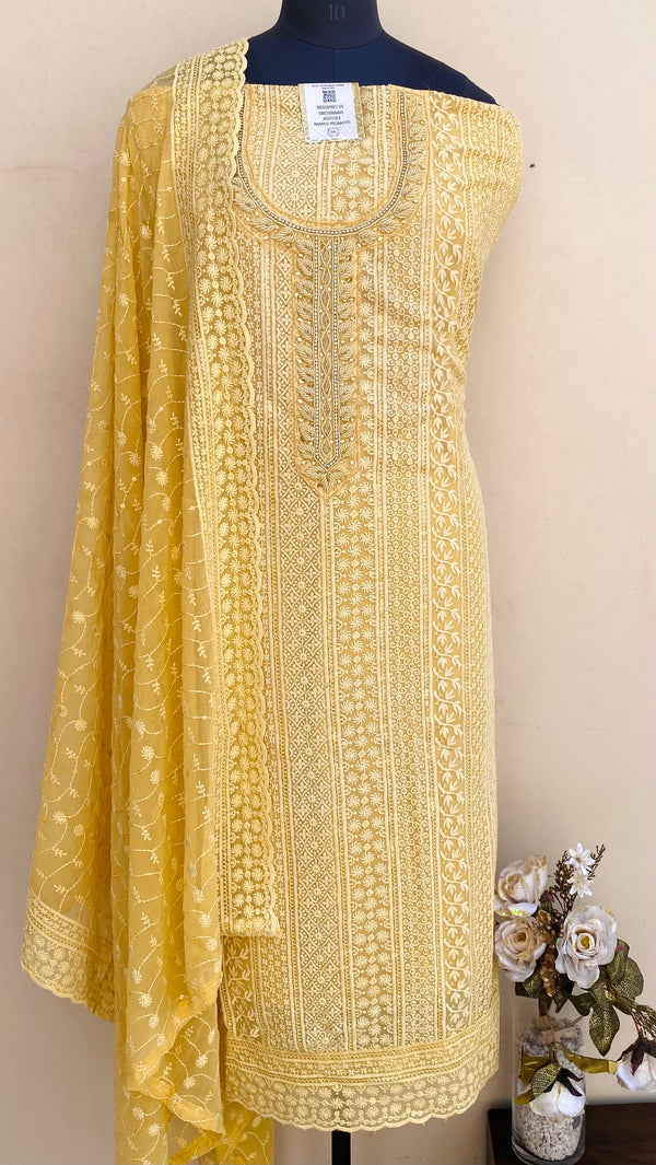 Chikankari Suit Length 3 Piece Yellow Georgette With Pearl & Cutdana Work