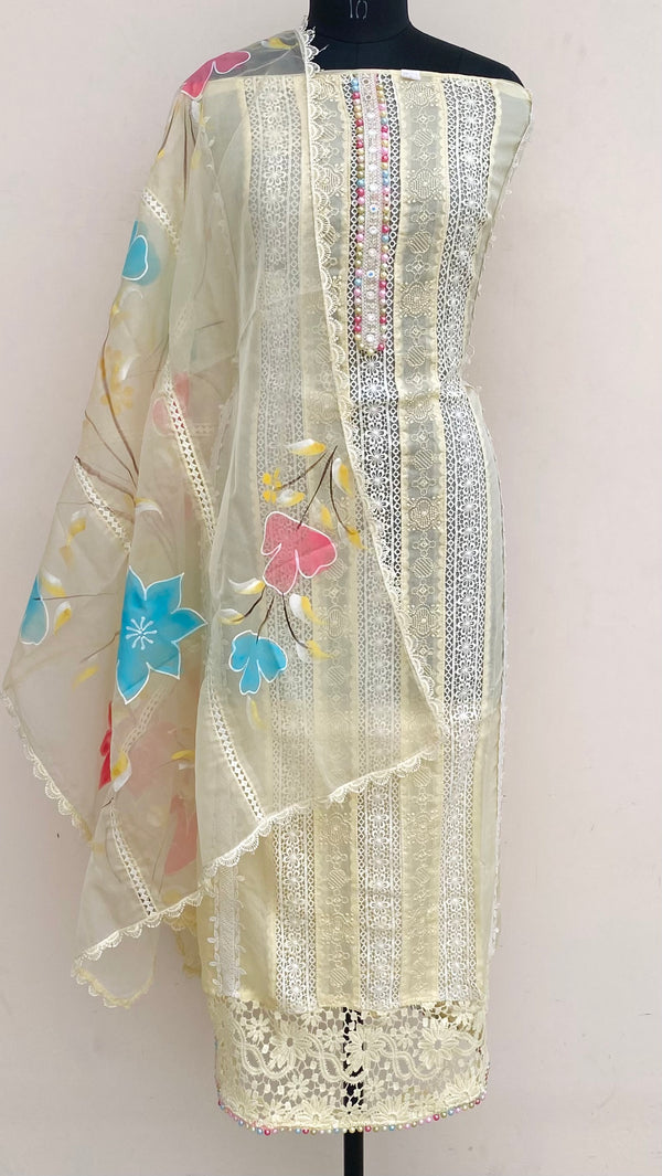 Designer Embroidered Suit Length 3 Piece Yellow Organza With Pearl Work