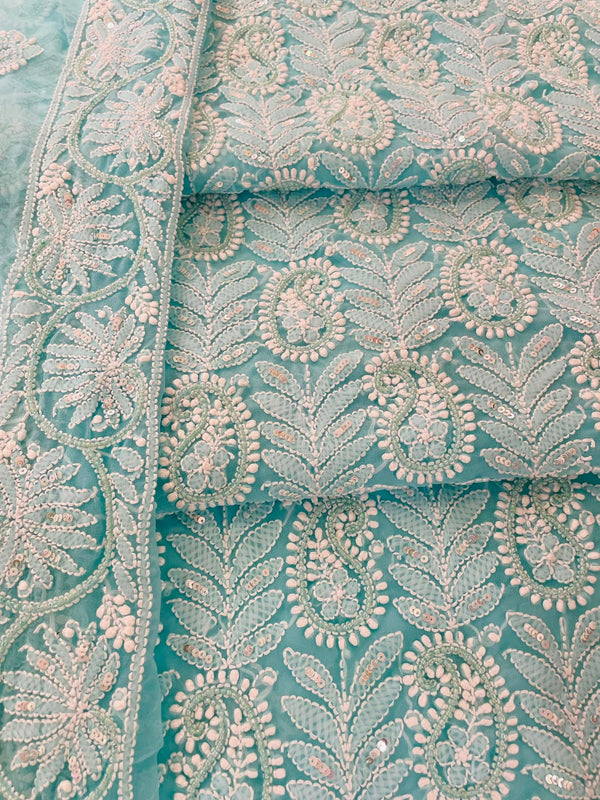Lucknowi Chikankari Suit Length 3 Piece Sea Green Georgette With Pearl & Sequence Work