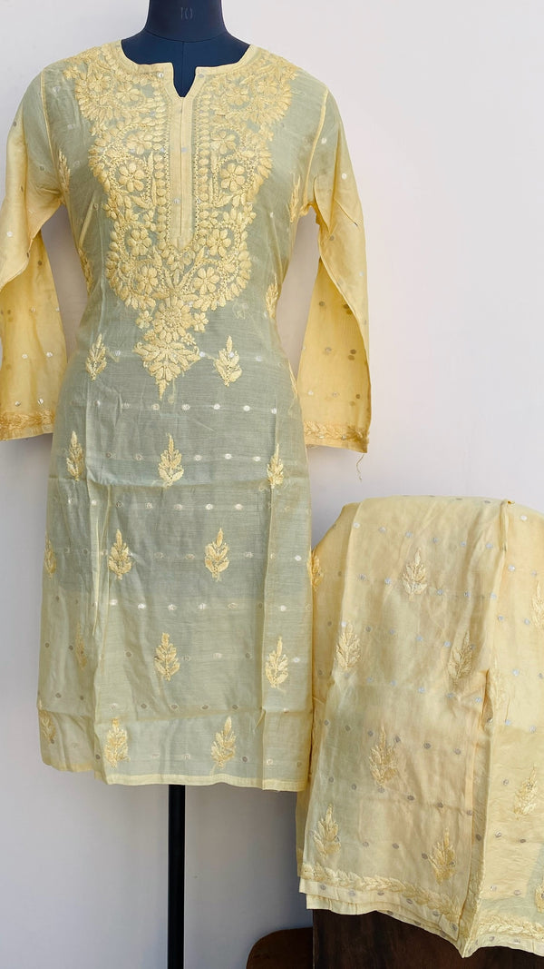 Lucknowi Chikankari Co-ord Set Yellow Mal Chanderi With Self Work
