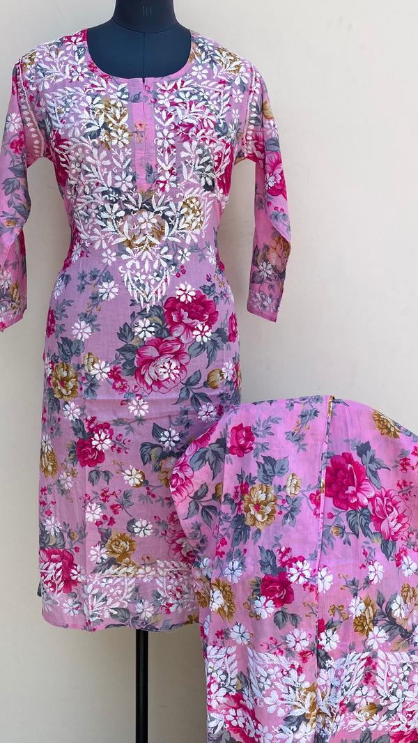 Lucknowi Chikankari Printed Co-ord Set Pink Mulmul Cotton
