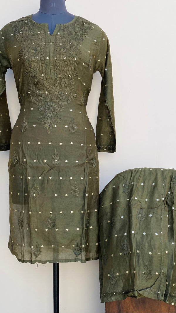 Lucknowi Chikankari Co-ord Set Green Mal Chanderi With Self Work