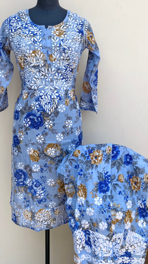 Lucknowi Chikankari Printed Co-ord Set Blue Mulmul Cotton
