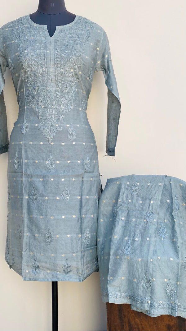 Lucknowi Chikankari Co-ord Set Gray Mal Chanderi With Self Work