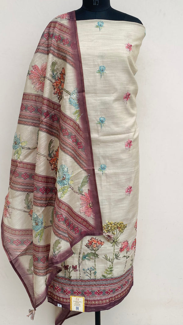 Designer Embroidered Suit Length 3 Piece Beige Linen With Sequence Work