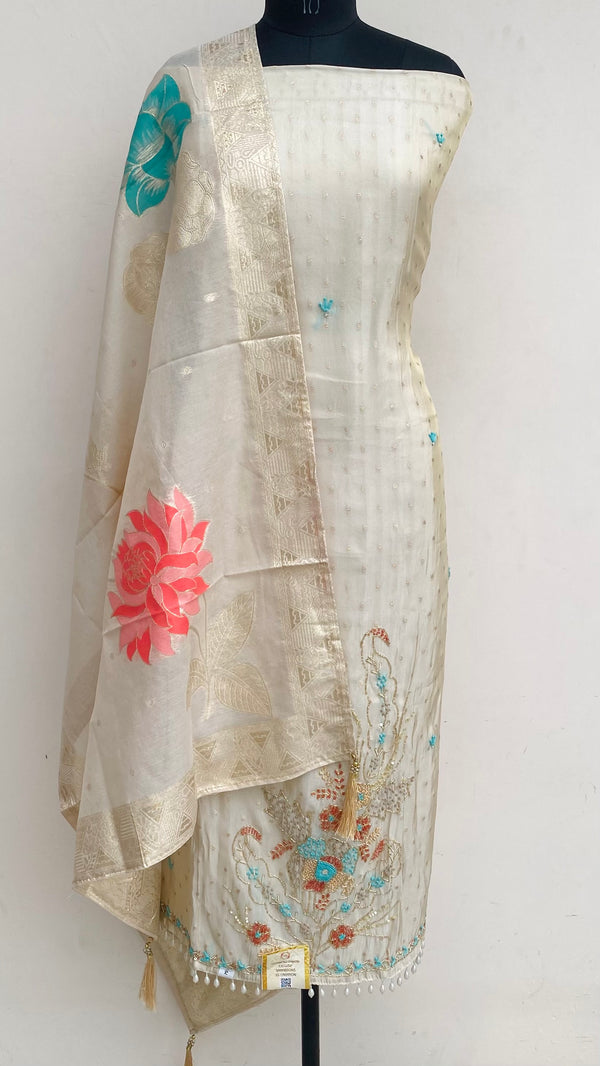 Designer Embroidered Suit Length 3 Piece Beige Tissue With Pearl , Cutdana  & Sequence Work