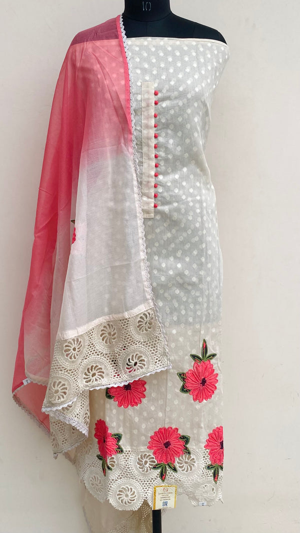 Designer Embroidered Suit Length 3 Piece Cream Mal Cotton With Sequence Work