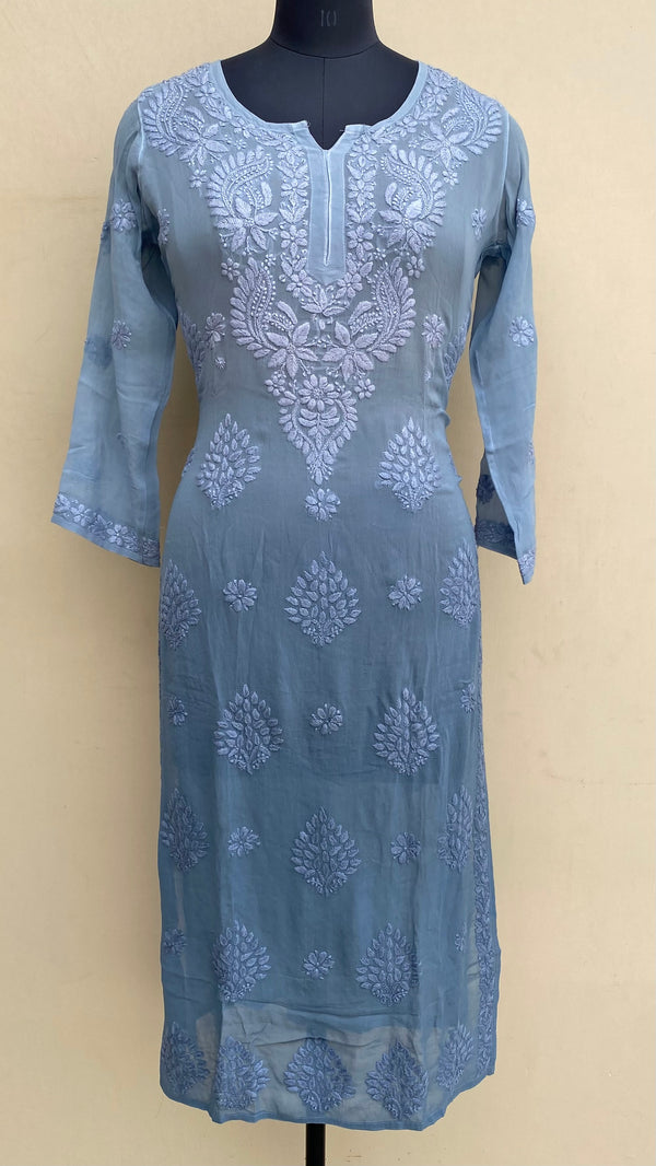 Lucknowi Chikankari Ombre Kurti Gray Pure Georgette